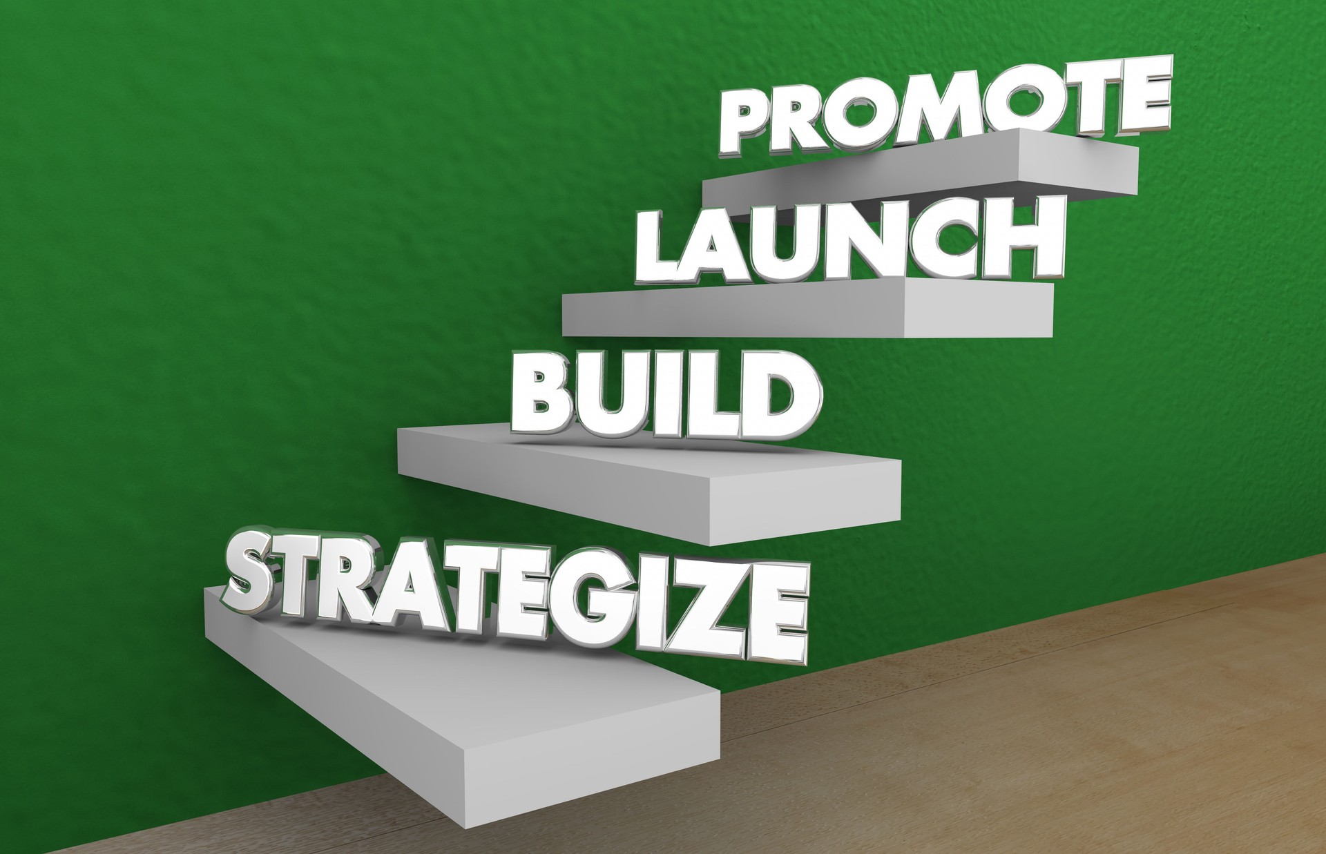 Strategize Build Launch Promote New Product Steps Stages 3d Illustration